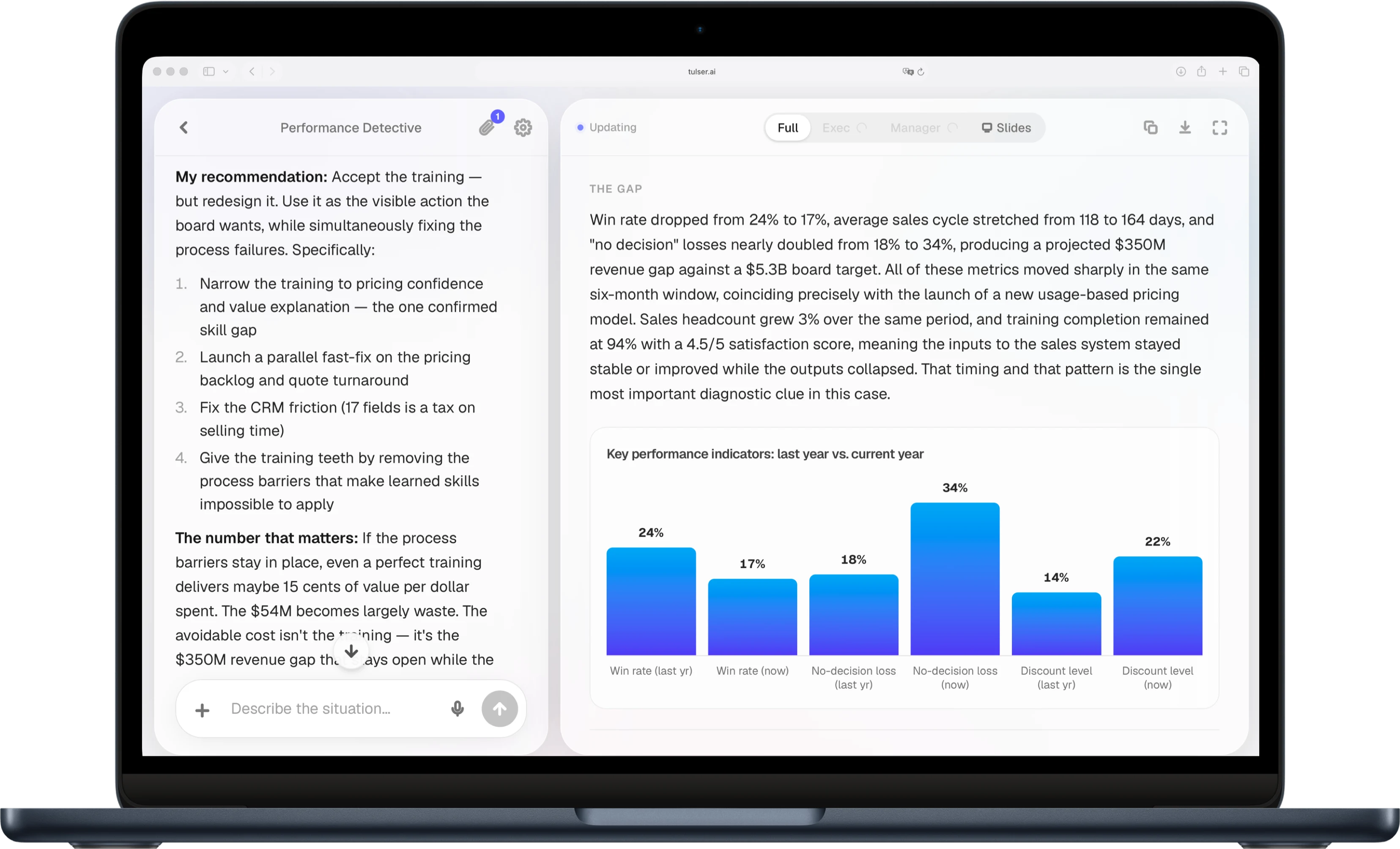 Performance Detective AI on a laptop: the recommendation on the left, the diagnosis report and KPI chart on the right. Real output.