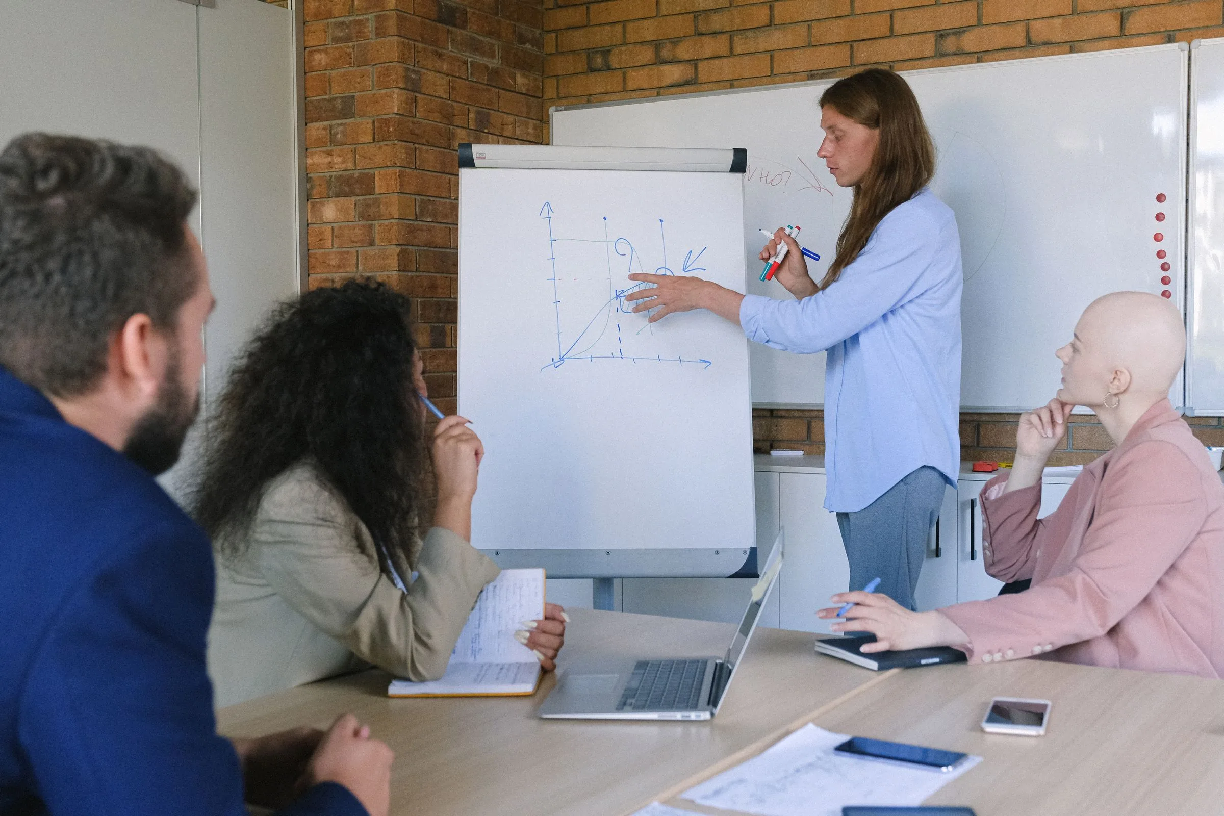 A one-day workshop: a facilitator sketches on a whiteboard